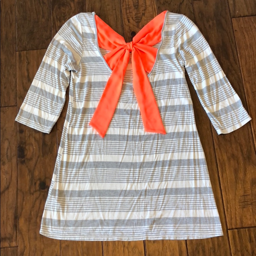 Grey & White Striped Shirt Dress w/ Orange Bow